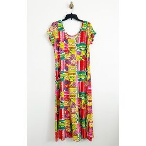 Vintage 90s Jams World Colorful Patchwork Floral Short Sleeve Long Dress Large